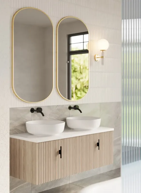 Muebles Ezra badmeubel ribbelfront 120cm naturel eiken met wit toppaneel zonder waskom Snelle Levering