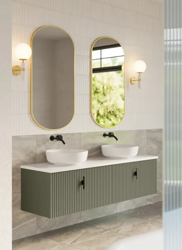 Weekendaanbieding Muebles Ezra badmeubel ribbelfront 160cm legergroen met wit toppaneel zonder waskom
