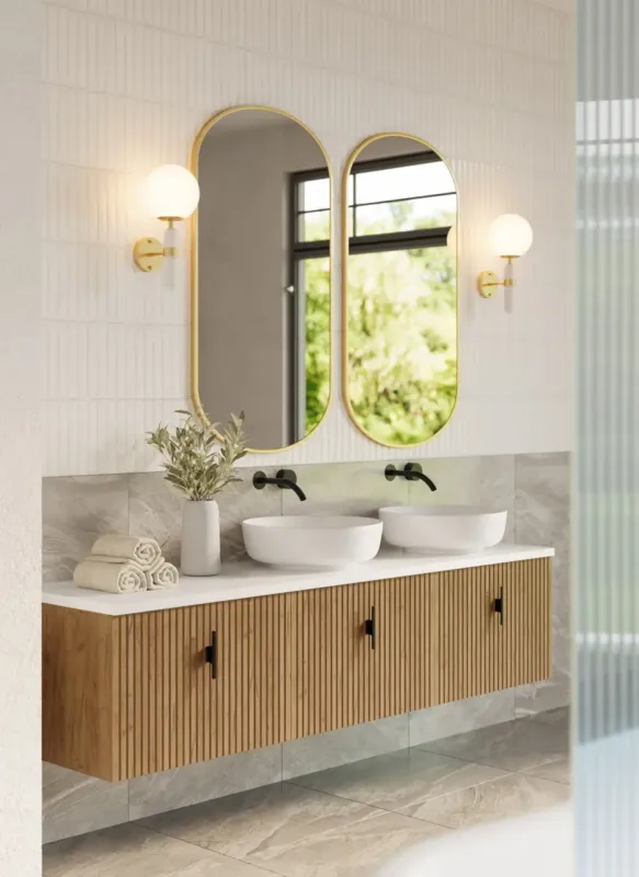 Seizoensaanbieding Muebles Ezra badmeubel ribbelfront 180cm warm eiken met wit toppaneel zonder waskom