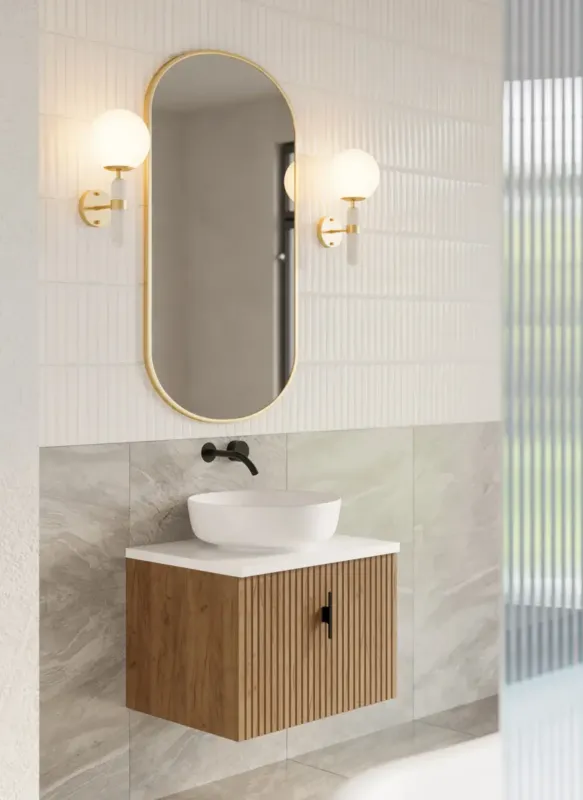 Uitverkoop Muebles Ezra badmeubel ribbelfront 60cm warm eiken met wit toppaneel en waskom