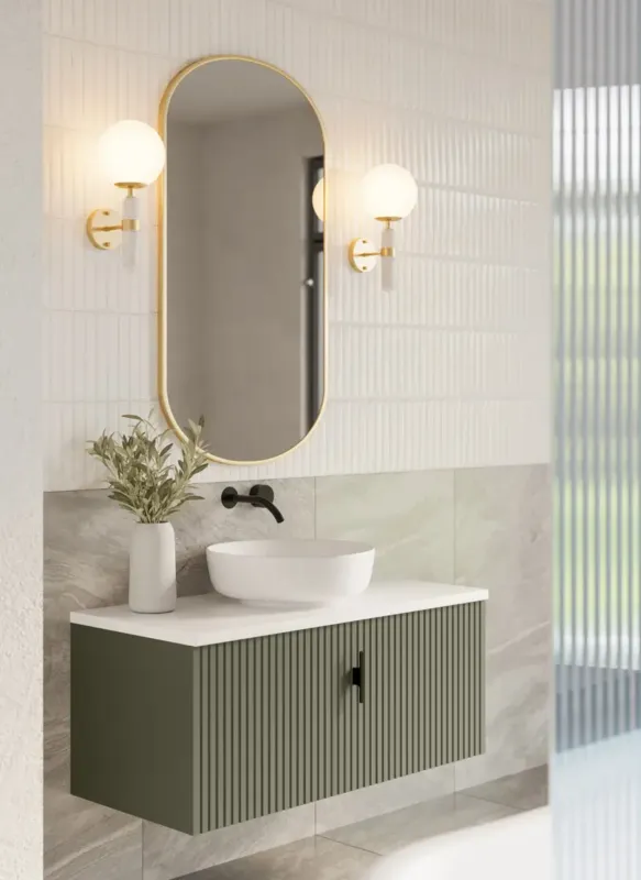 Superprijs Muebles Ezra badmeubel ribbelfront 100cm legergroen met wit toppaneel en waskom