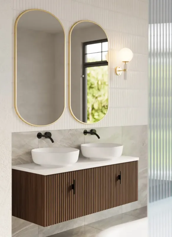 Aanbieding Muebles Ezra badmeubel ribbelfront 120cm walnoot met wit toppaneel en waskom