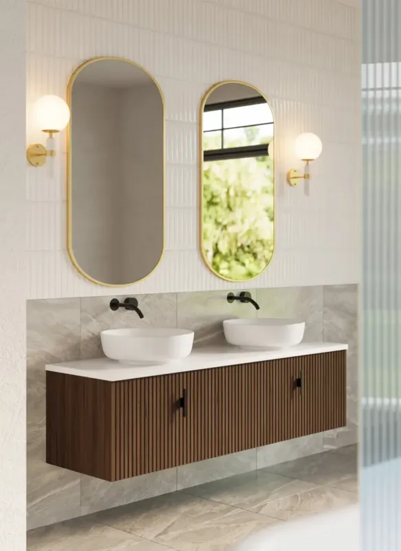 Shop Nu Muebles Ezra badmeubel ribbelfront 160cm walnoot met wit toppaneel en waskom