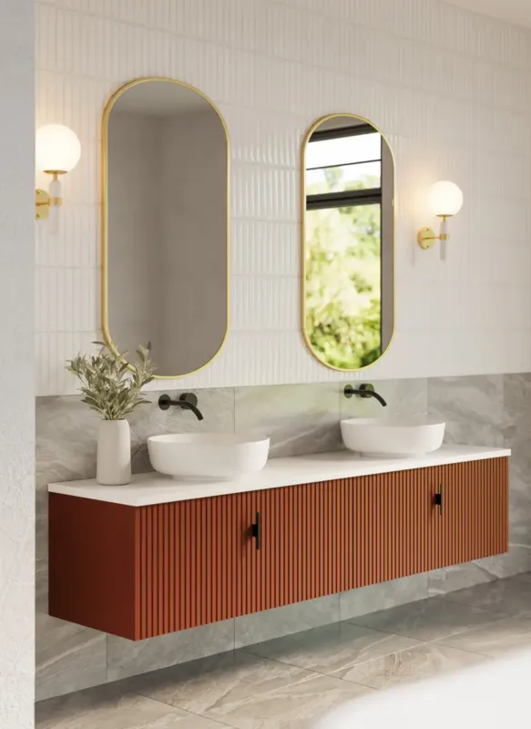 Speciale Aanbieding Muebles Ezra badmeubel ribbelfront 200cm terracotta met wit toppaneel en waskom