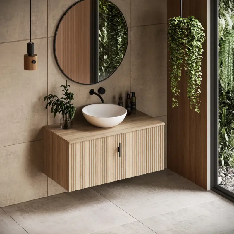 Weekendaanbieding Muebles Sierra badmeubel ribbelfront 100cm naturel eiken zonder waskom