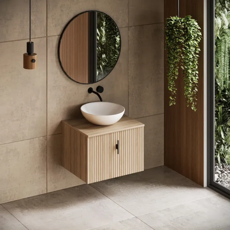 Actieprijs Muebles Sierra badmeubel ribbelfront 60cm naturel eiken met witte waskom