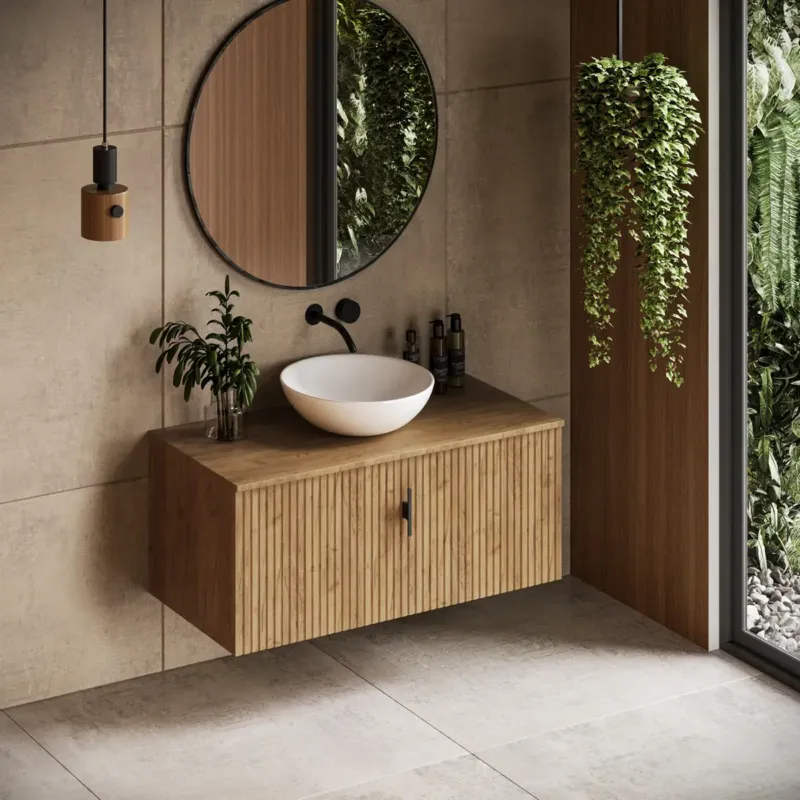 Rechtstreeks Van De Fabrikant Muebles Sierra badmeubel ribbelfront 100cm warm eiken met witte waskom