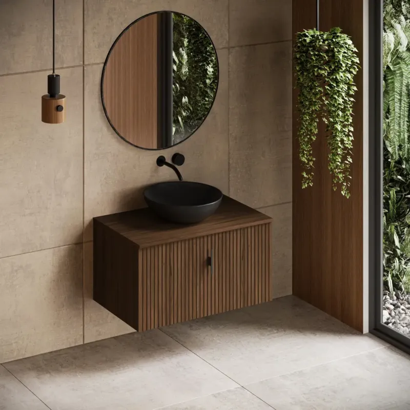 Superprijs Muebles Sierra badmeubel ribbelfront 80cm walnoot met zwarte waskom