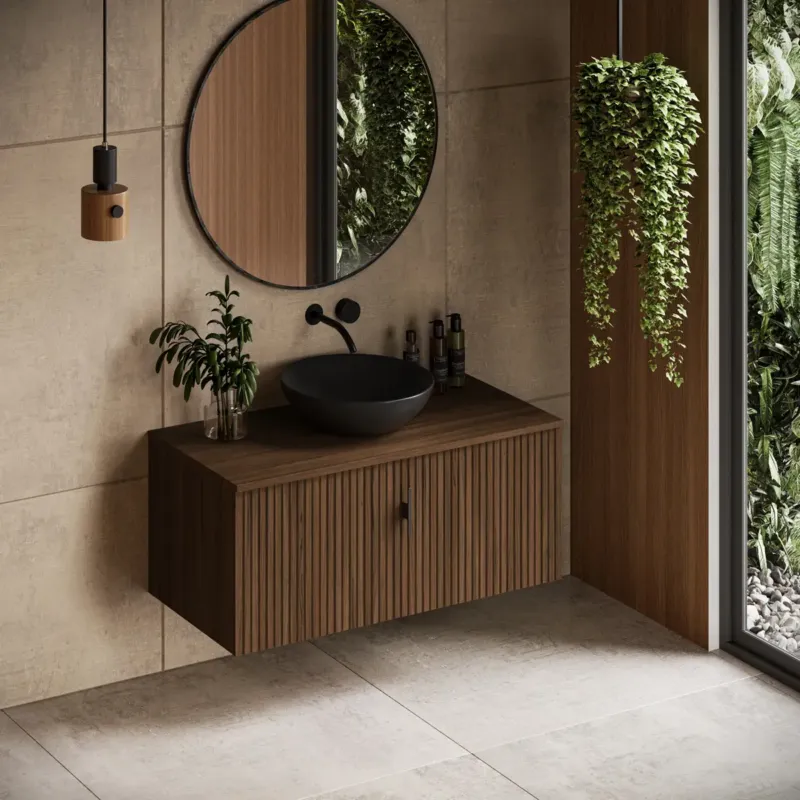 Uitverkoop Muebles Sierra badmeubel ribbelfront 100cm walnoot met zwarte waskom