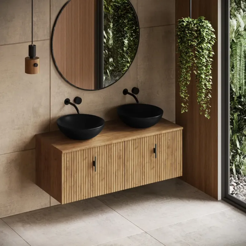 Speciale Aanbieding Muebles Sierra badmeubel ribbelfront 120cm warm eiken met zwarte waskom
