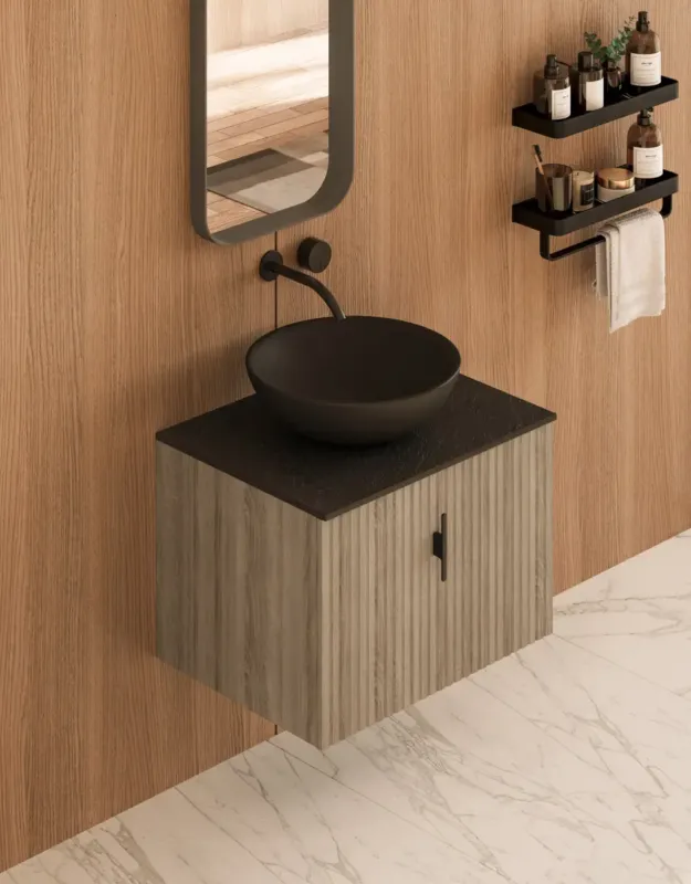 Muebles Costa badmeubel ribbelfront 60cm naturel eiken met zwart toppaneel zonder waskom Seizoensaanbieding