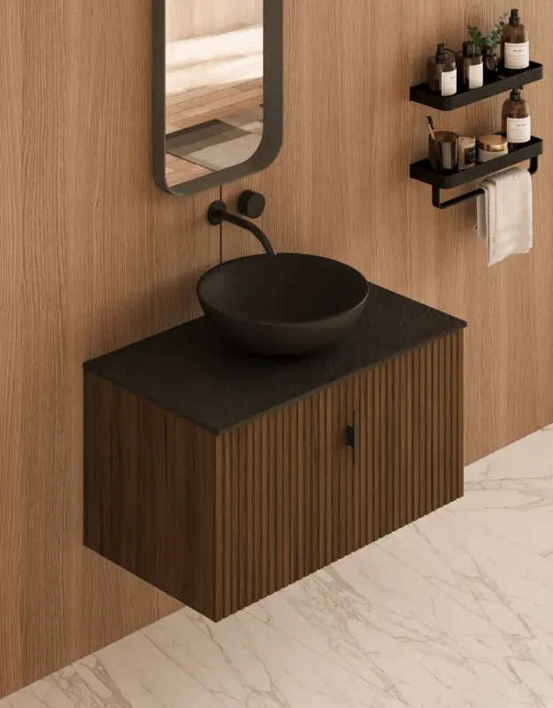 Nu Kopen Muebles Costa badmeubel ribbelfront 80cm walnoot met zwart toppaneel zonder waskom