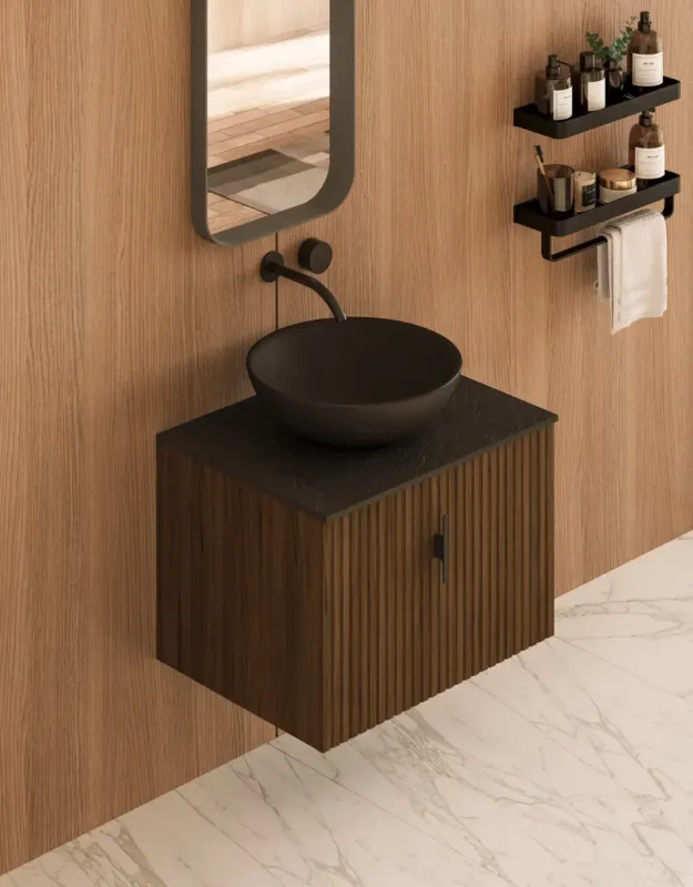 Weekendaanbieding Muebles Costa badmeubel ribbelfront 60cm walnoot met zwart toppaneel en waskom