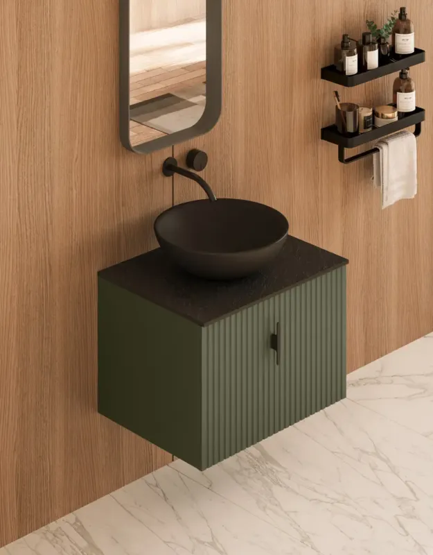 Op = Op Muebles Costa badmeubel ribbelfront 60cm legergroen met zwart toppaneel en waskom