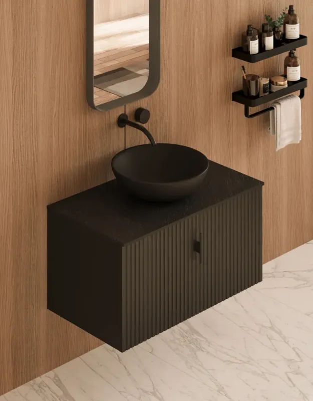 Muebles Costa badmeubel ribbelfront 80cm zwart mat met zwart toppaneel en waskom Meest Verkocht