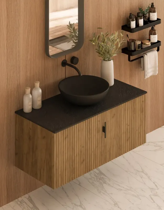 Muebles Costa badmeubel ribbelfront 100cm warm eiken met zwart toppaneel en waskom Beperkte Voorraad
