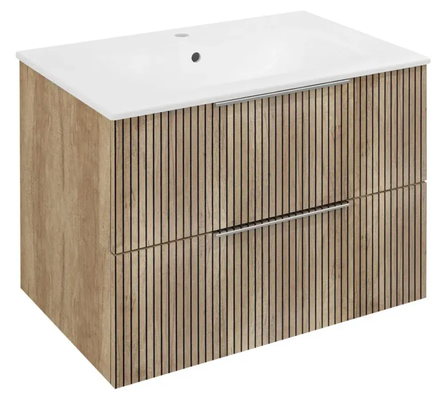 Finale Uitverkoop Sapho Cirasa badmeubel 70cm met eiken ribbelfront en witte wastafel