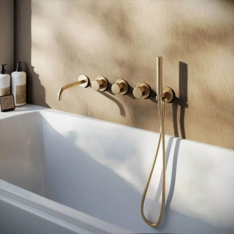 Bestseller Saniclear Plus inbouw badkraan met 20cm uitloop en staafhanddouche geborsteld messing - mat goud