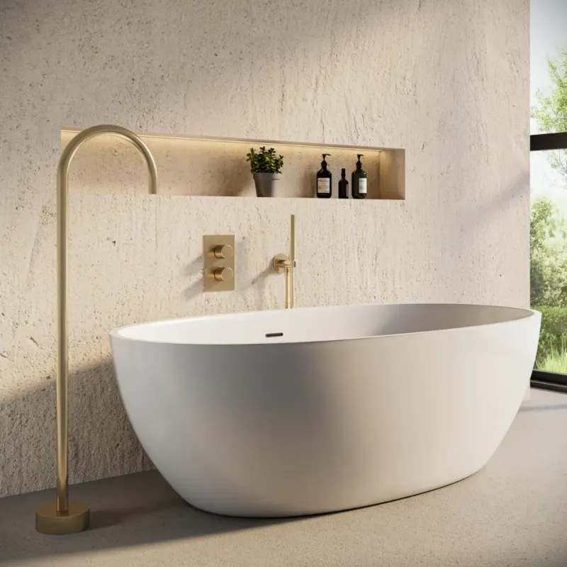 Gratis Retour Saniclear Brass inbouw badkraan met vrijstaande uitloop geborsteld messing - mat goud
