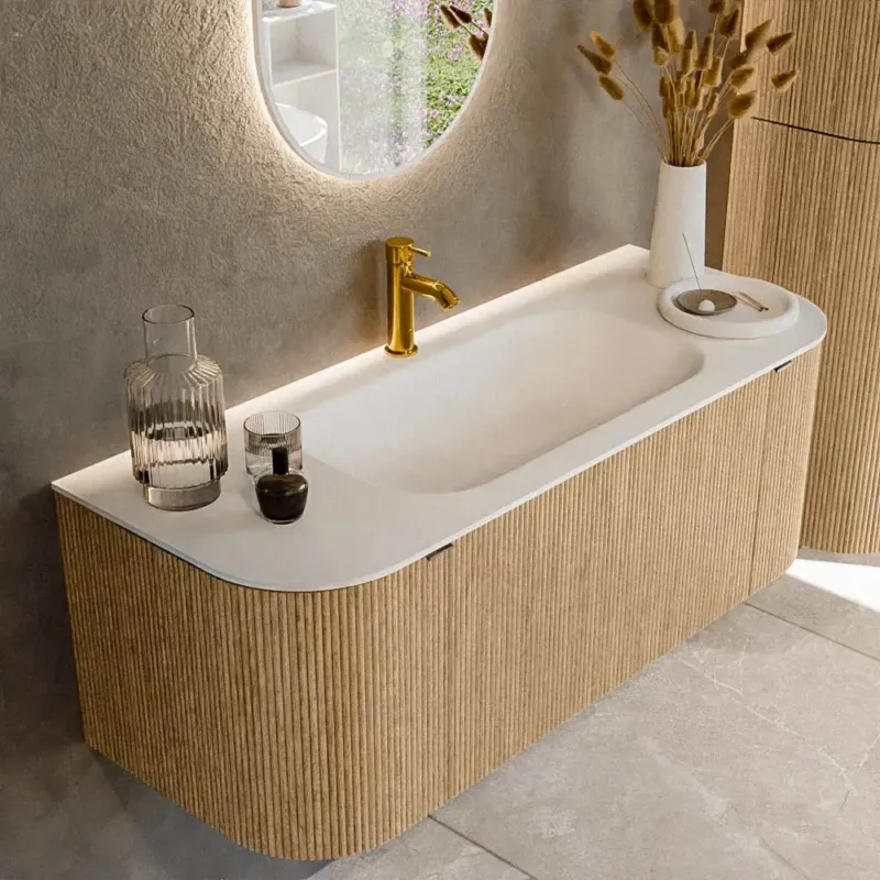 Mondiaz Kurve 120cm badmeubel ronding links/rechts oak met 1 lade en 2 deuren en wastafel big small midden 1 kraangat Tijdelijk Beschikbaar