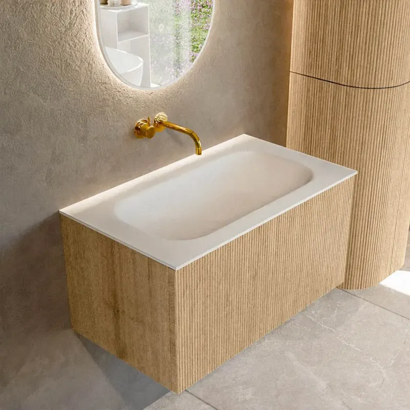 Favoriet Mondiaz Kurve 80cm badmeubel oak met 1 lade en wastafel big small midden zonder kraangat