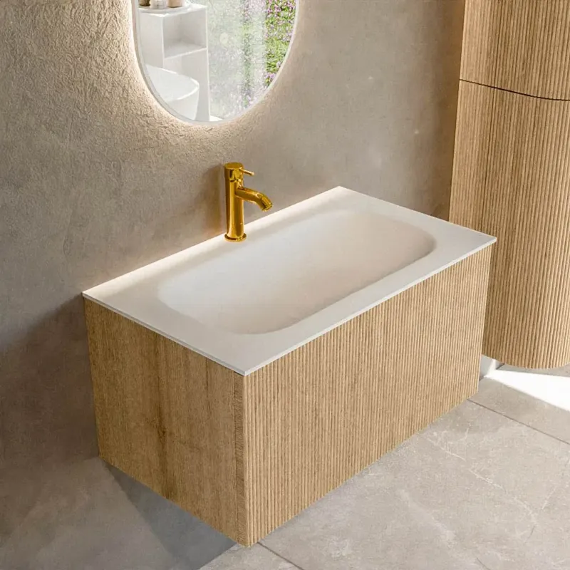 Mondiaz Kurve 80cm badmeubel oak met 1 lade en wastafel big small midden 1 kraangat Express Levering