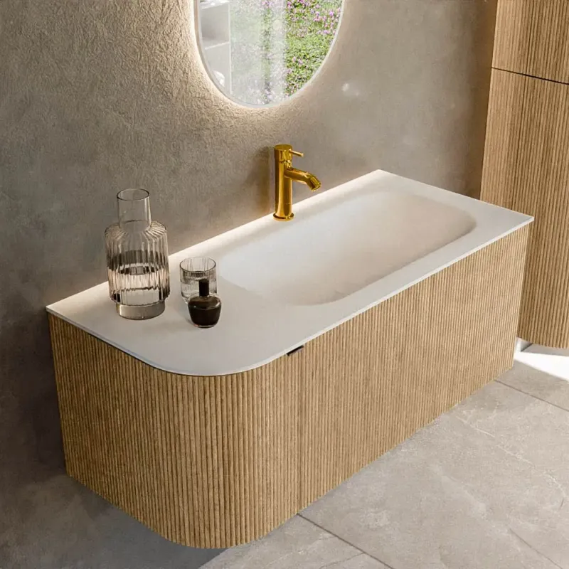Koopje Mondiaz Kurve 105cm badmeubel ronding links oak met 1 lade en deur en wastafel big small kraangat rechts