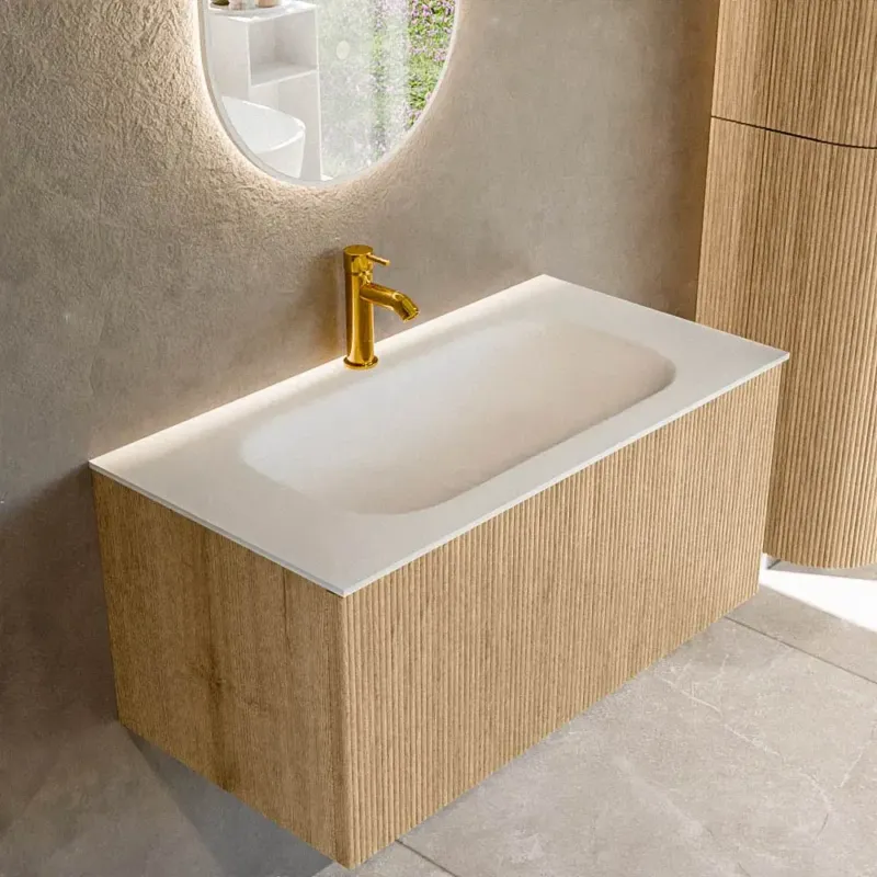Mondiaz Kurve 90cm badmeubel oak met 1 lade en wastafel big small midden 1 kraangat Lage Kosten