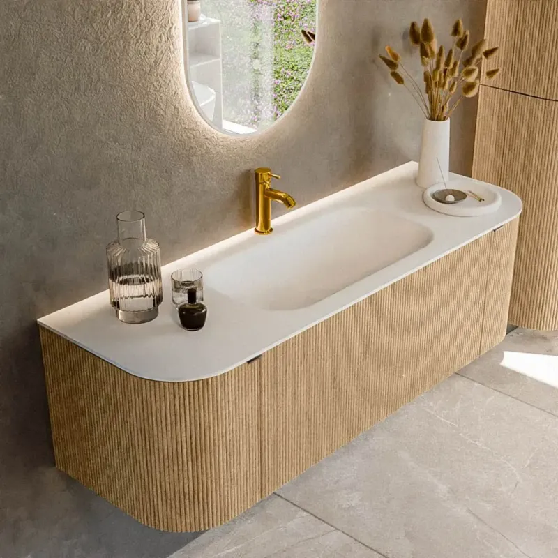 Lage Prijs Mondiaz Kurve 140cm badmeubel ronding links/rechts oak met 1 lade en 2 deuren en wastafel big small midden 1 kraangat