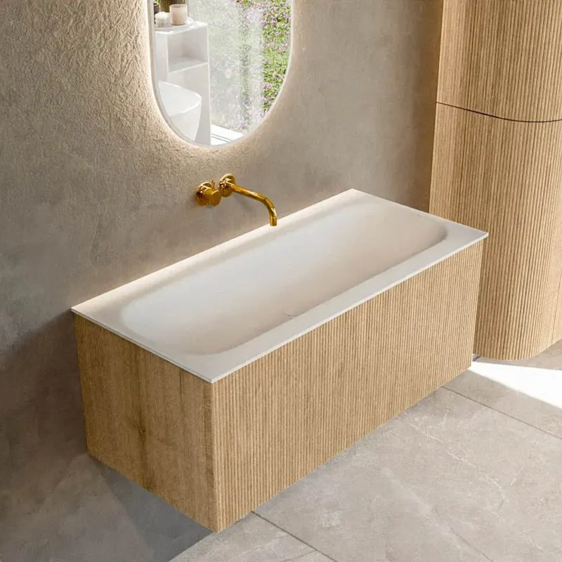 Mondiaz Kurve 100cm badmeubel oak met 1 lade en wastafel big medium midden zonder kraangat Bestseller