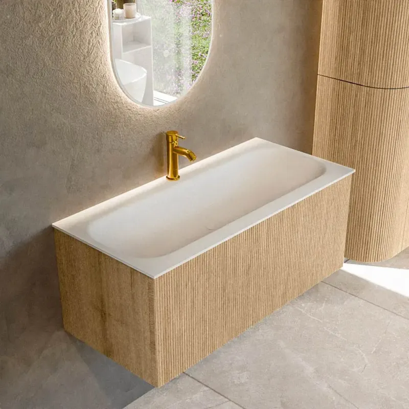 Mondiaz Kurve 100cm badmeubel oak met 1 lade en wastafel big medium midden 1 kraangat Laatste Versie