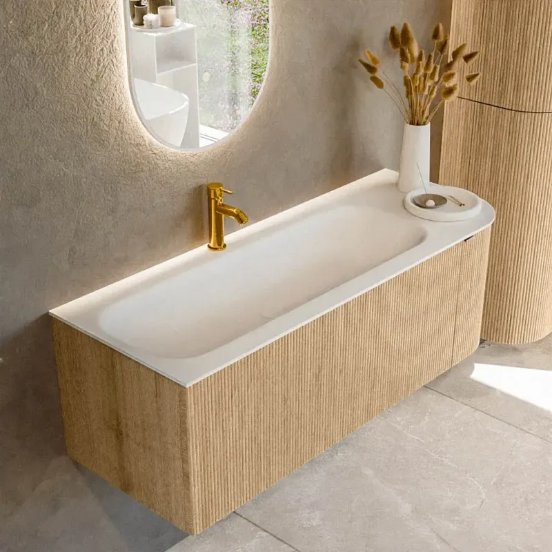 Mondiaz Kurve 125cm badmeubel ronding rechts oak met 1 lade en deur en wastafel big medium kraangat links Exclusieve Aanbieding