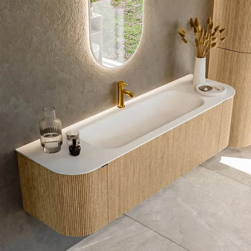 Mondiaz Kurve 160cm badmeubel ronding links/rechts oak met 1 lade en 2 deuren en wastafel big medium midden 1 kraangat Direct Beschikbaar
