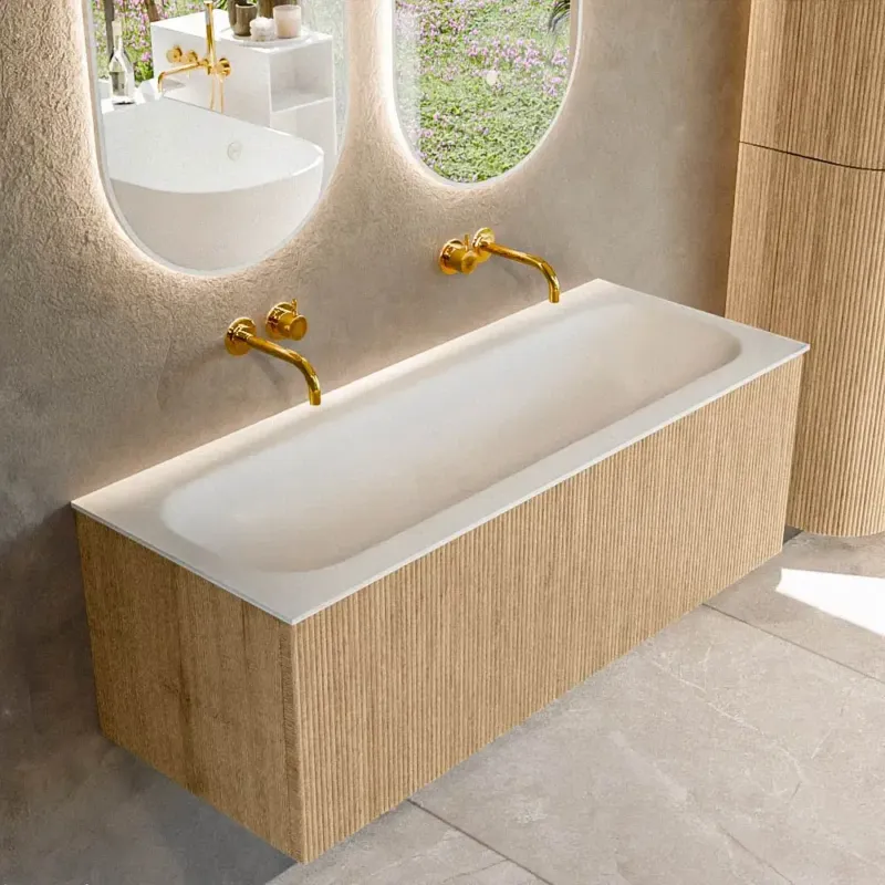 Mondiaz Kurve 120cm badmeubel oak met 1 lade en wastafel big large midden zonder kraangat Actieprijs