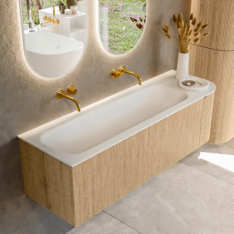 Flitsaanbieding Mondiaz Kurve 145cm badmeubel ronding rechts oak met 1 lade en deur en wastafel big large links zonder kraangat