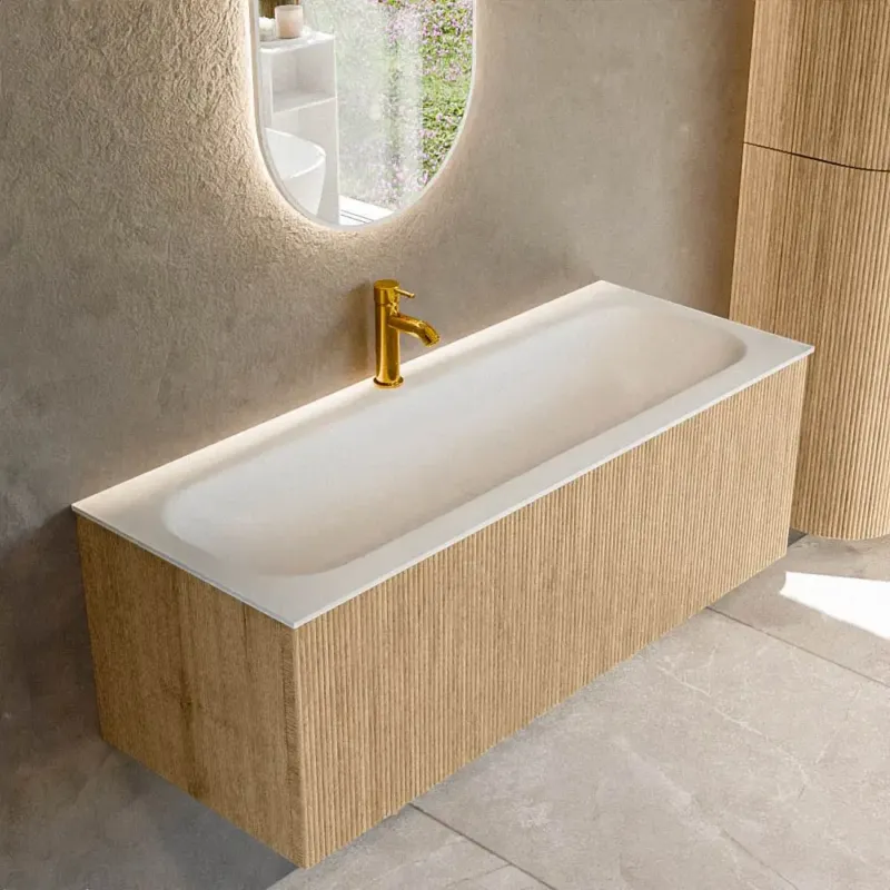 Mondiaz Kurve 120cm badmeubel oak met 1 lade en wastafel big large midden 1 kraangat Gecertificeerd