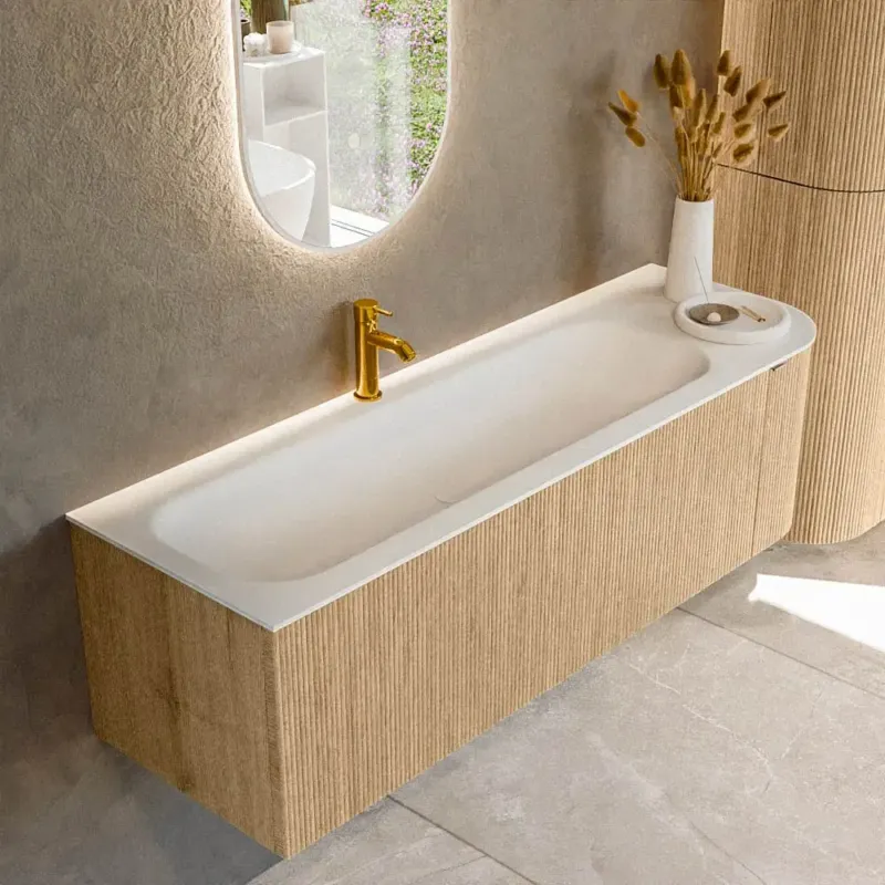 Actieprijs Mondiaz Kurve 145cm badmeubel ronding rechts oak met 1 lade en deur en wastafel big large kraangat links