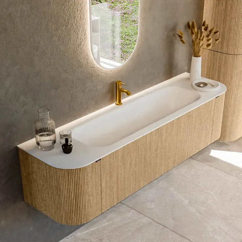 Mondiaz Kurve 170cm badmeubel ronding links/rechts oak met 1 lade en 2 deuren en wastafel big large midden 1 kraangat Speciale Aanbieding
