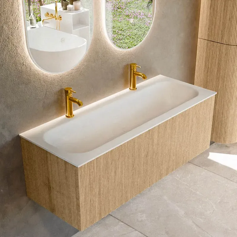 Flitsaanbieding Mondiaz Kurve 120cm badmeubel oak met 1 lade en wastafel big large midden 2 kraangaten