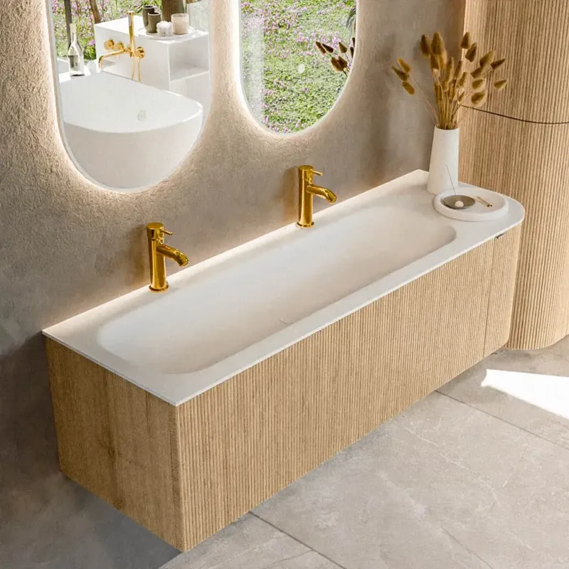 Dagaanbieding Mondiaz Kurve 145cm badmeubel ronding rechts oak met 1 lade en deur en wastafel big large links 2 kraangaten