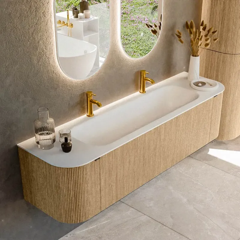 Gratis Retour Mondiaz Kurve 170cm badmeubel ronding links/rechts oak met 1 lade en 2 deuren en wastafel big large midden 2 kraangaten