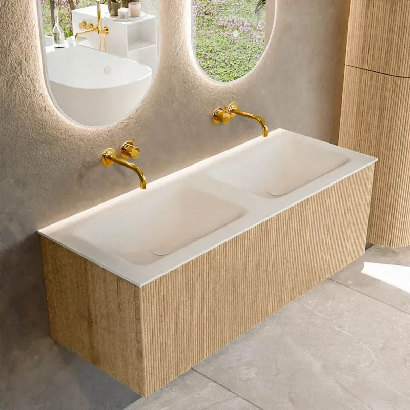 Mondiaz Kurve 120cm badmeubel oak met 1 lade en wastafel cloud dubbel zonder kraangat Flitsaanbieding