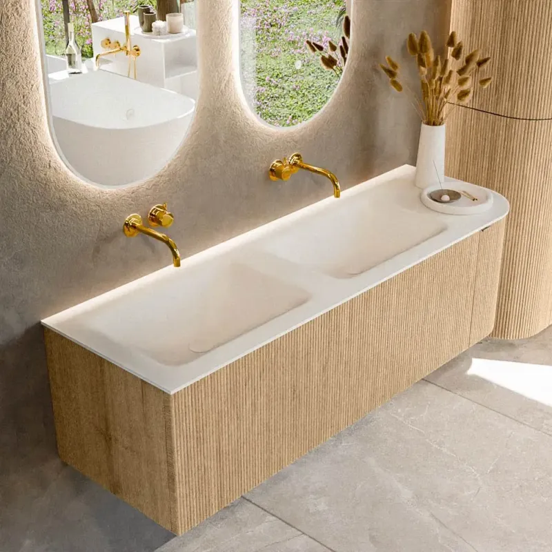 Dagaanbieding Mondiaz Kurve 145cm badmeubel ronding rechts oak met 1 lade en deur en wastafel cloud dubbel/links zonder kraangat