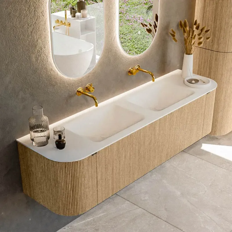 Mondiaz Kurve 170cm badmeubel ronding links/rechts oak met 1 lade en 2 deuren en wastafel cloud dubbel zonder kraangat Exclusieve Aanbieding