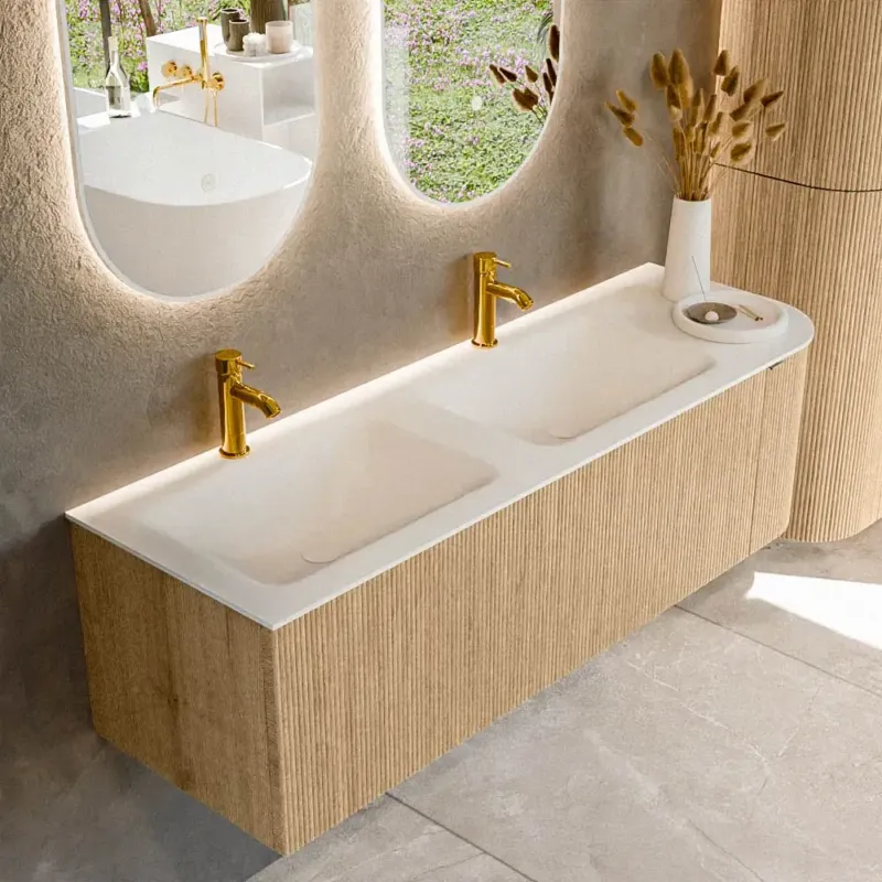 Mondiaz Kurve 145cm badmeubel ronding rechts oak met 1 lade en deur en wastafel cloud dubbel/links 2 kraangaten Lage Kosten