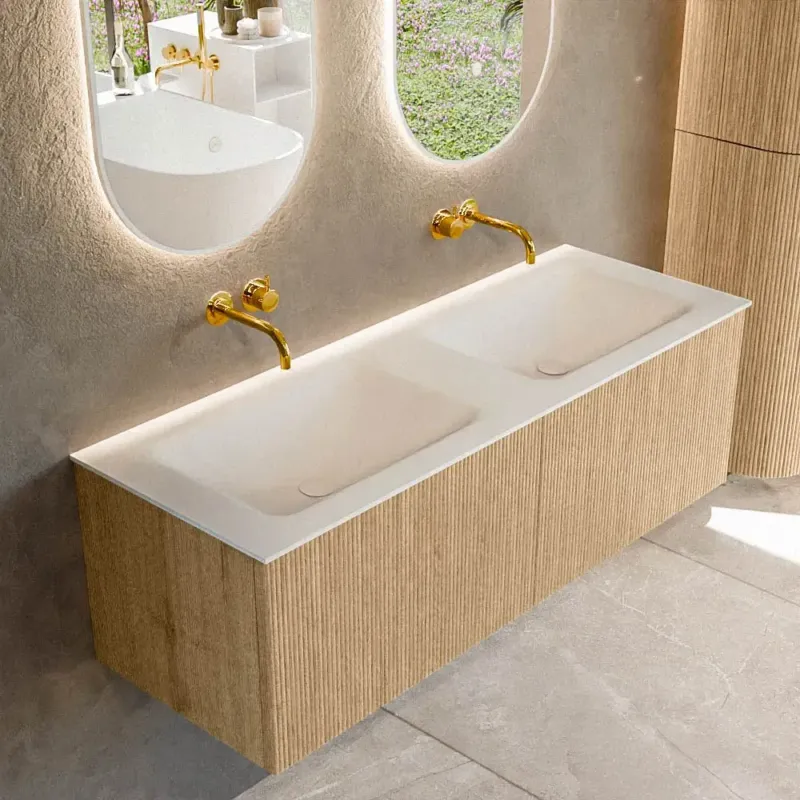 Lage Kosten Mondiaz Kurve 130cm badmeubel oak met 2 lades en wastafel cloud dubbel zonder kraangat