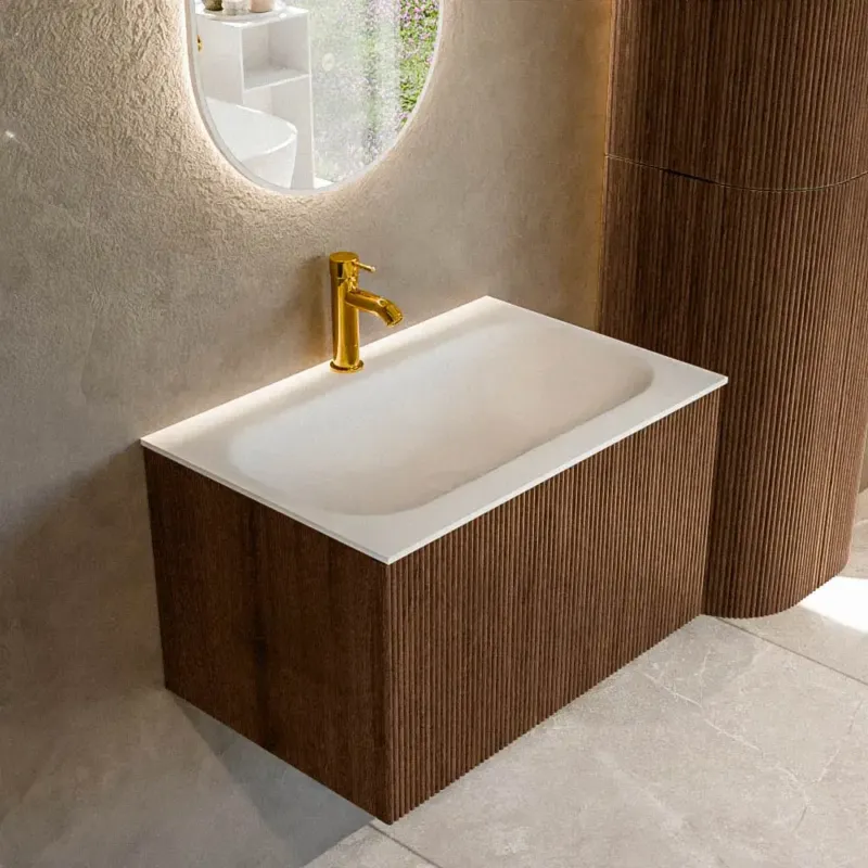 Mondiaz Kurve 70cm badmeubel walnut met 1 lade en wastafel big small midden 1 kraangat Exclusieve Aanbieding