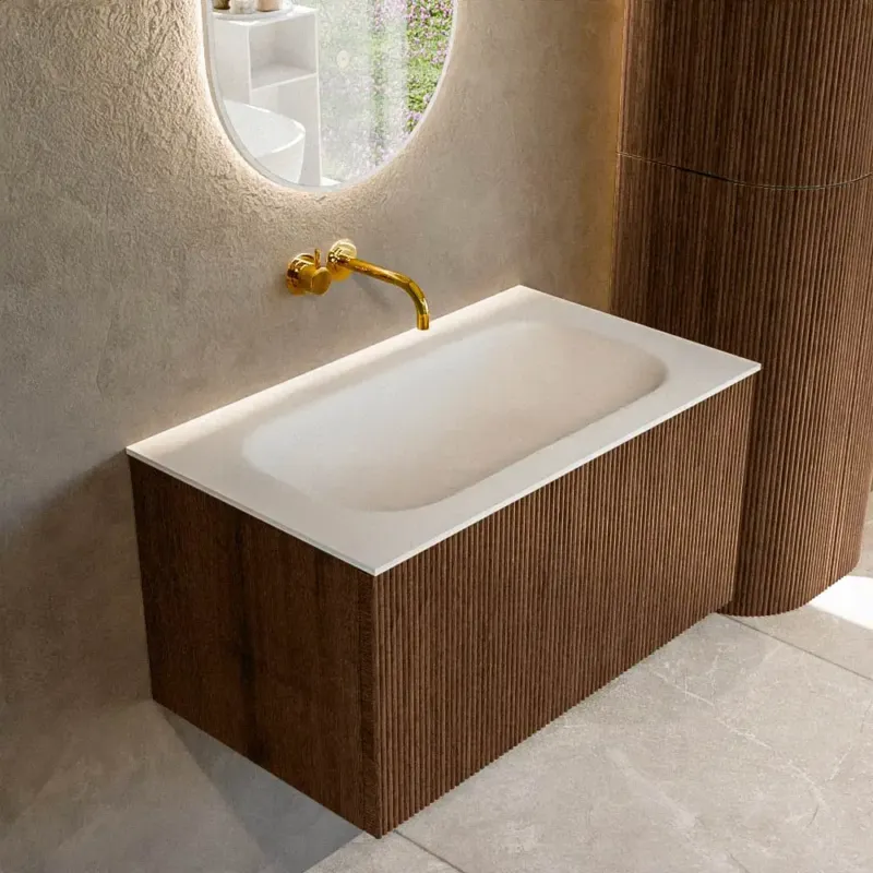 Mondiaz Kurve 80cm badmeubel walnut met 1 lade en wastafel big small midden zonder kraangat Weekendaanbieding