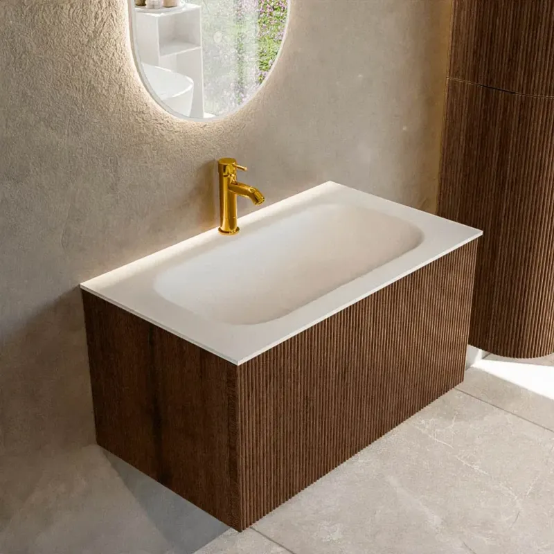 Mondiaz Kurve 80cm badmeubel walnut met 1 lade en wastafel big small midden 1 kraangat Fabrieksprijs