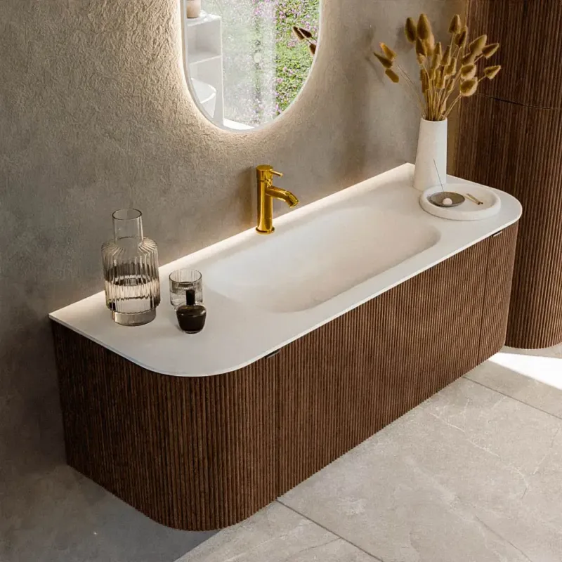 Mondiaz Kurve 130cm badmeubel ronding links/rechts walnut met 1 lade en 2 deuren en wastafel big small midden 1 kraangat Merkproduct